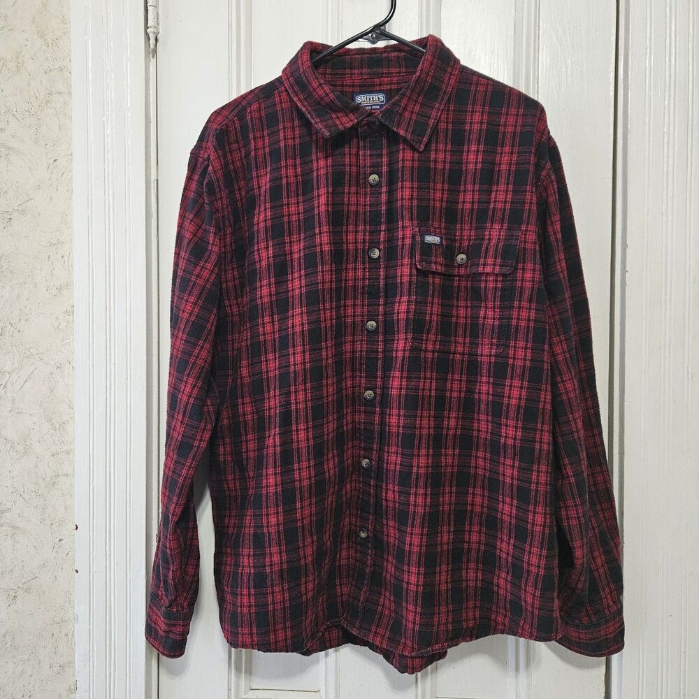 Smith's Workwear Men's Long-Sleeve Red Black Thick Flannel Shirt 2XL